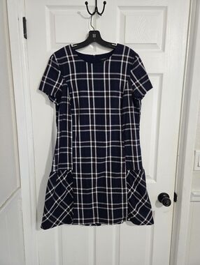 Halogen Plaid Dress Womens Large Blue Red White Drop Waist Midi